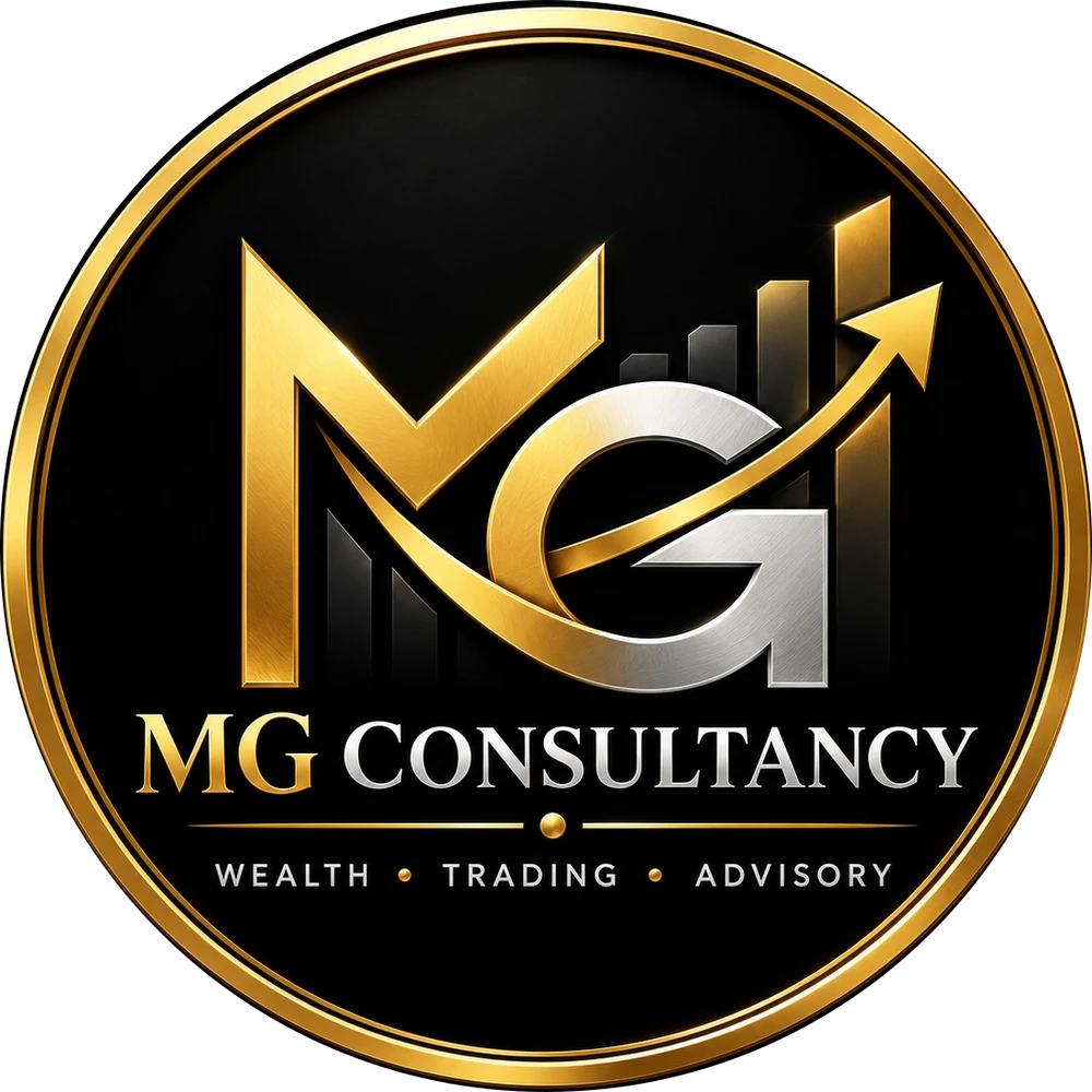 MG Consultancy logo: a gold M and silver G rising into a chart arrow, ringed in gold